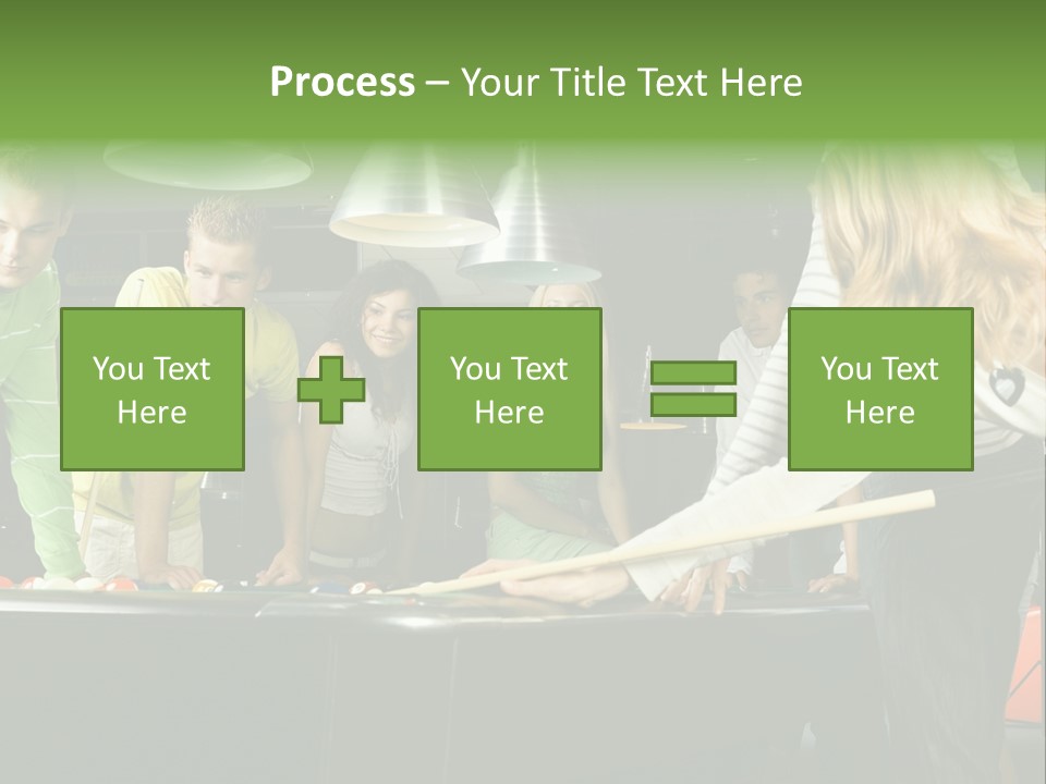 Large Group Of Teenagers Standing At Pool Table. Smiling And Looking At Right. One Person Is Playing Billard PowerPoint Template