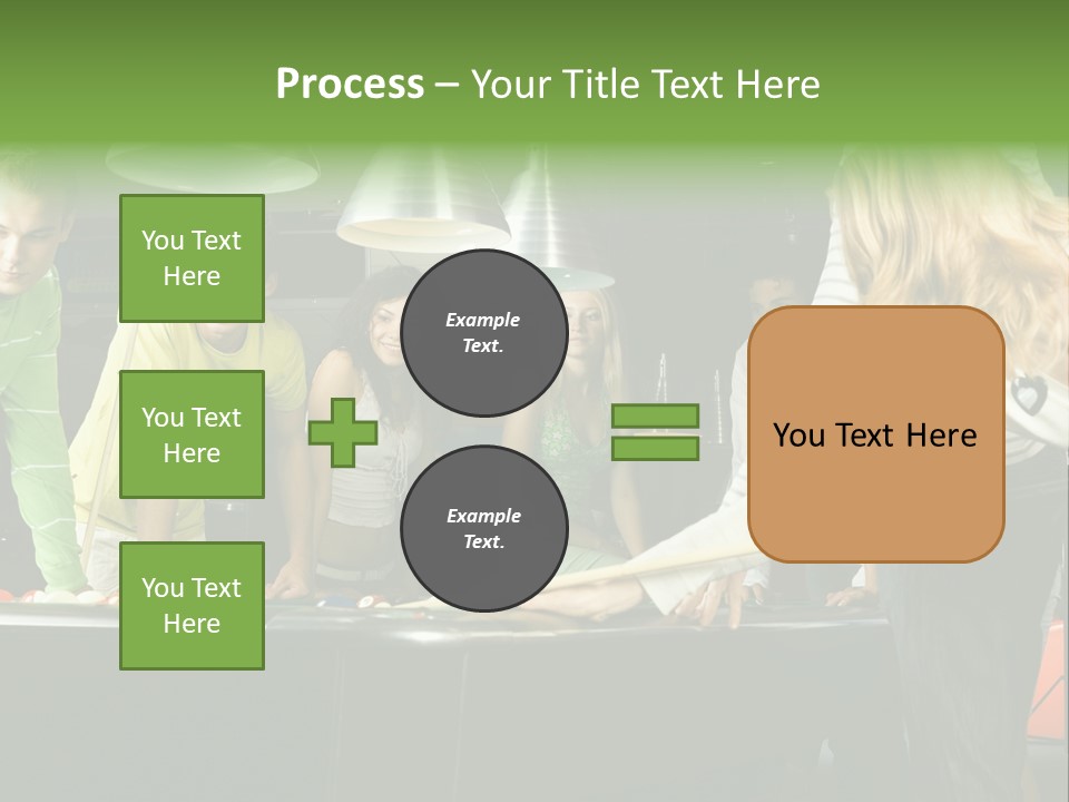 Large Group Of Teenagers Standing At Pool Table. Smiling And Looking At Right. One Person Is Playing Billard PowerPoint Template