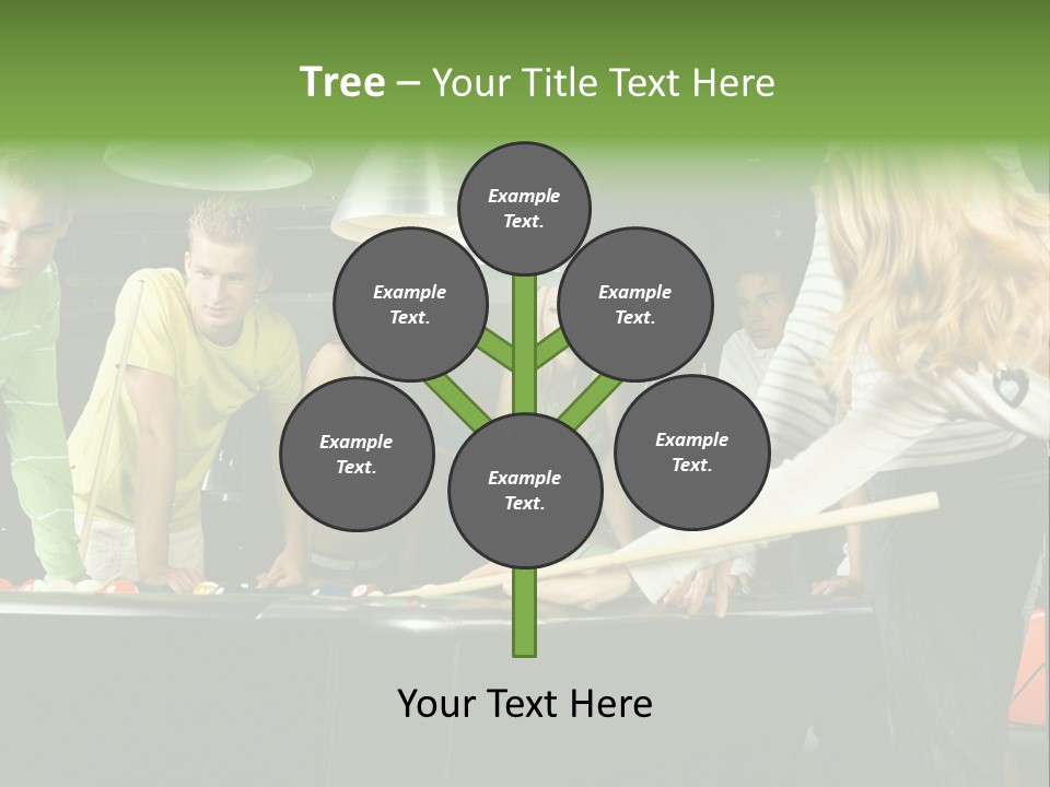 Large Group Of Teenagers Standing At Pool Table. Smiling And Looking At Right. One Person Is Playing Billard PowerPoint Template