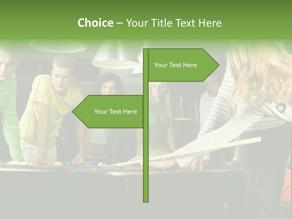 Large Group Of Teenagers Standing At Pool Table. Smiling And Looking At Right. One Person Is Playing Billard PowerPoint Template