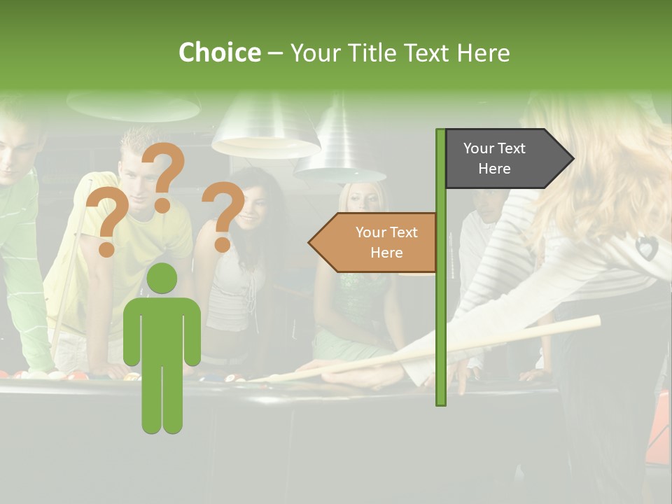 Large Group Of Teenagers Standing At Pool Table. Smiling And Looking At Right. One Person Is Playing Billard PowerPoint Template