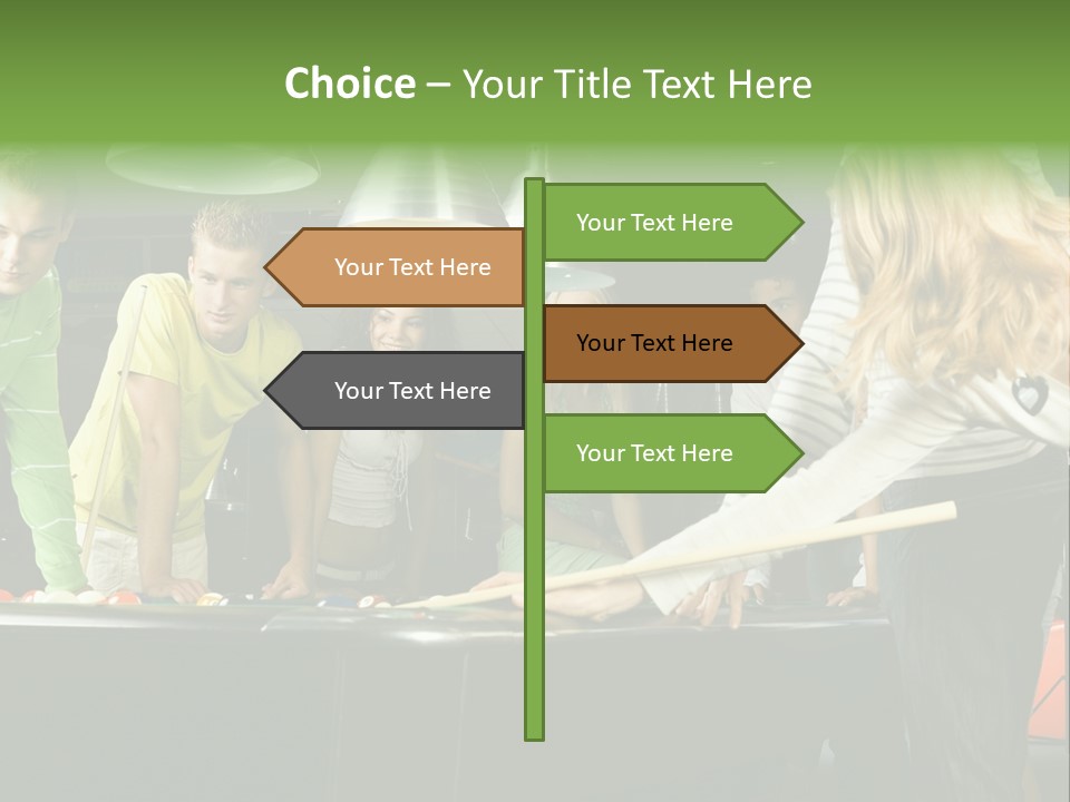 Large Group Of Teenagers Standing At Pool Table. Smiling And Looking At Right. One Person Is Playing Billard PowerPoint Template