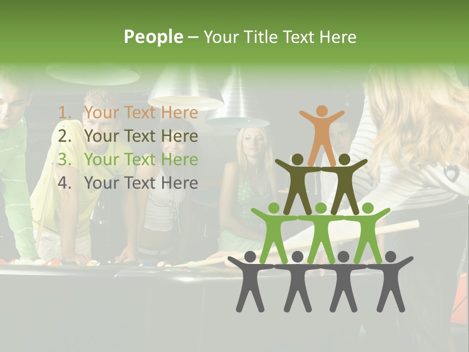 Large Group Of Teenagers Standing At Pool Table. Smiling And Looking At Right. One Person Is Playing Billard PowerPoint Template