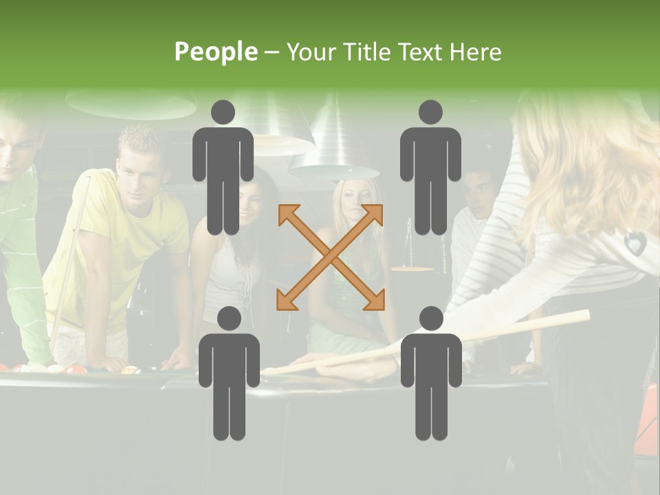 Large Group Of Teenagers Standing At Pool Table. Smiling And Looking At Right. One Person Is Playing Billard PowerPoint Template