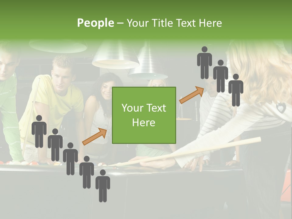 Large Group Of Teenagers Standing At Pool Table. Smiling And Looking At Right. One Person Is Playing Billard PowerPoint Template