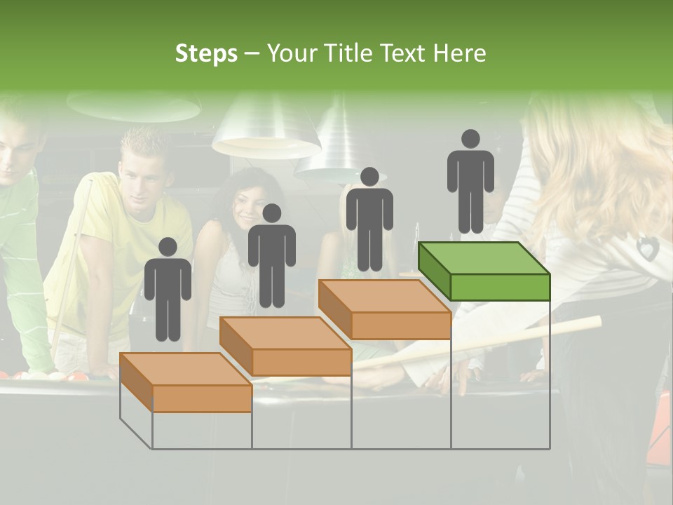 Large Group Of Teenagers Standing At Pool Table. Smiling And Looking At Right. One Person Is Playing Billard PowerPoint Template