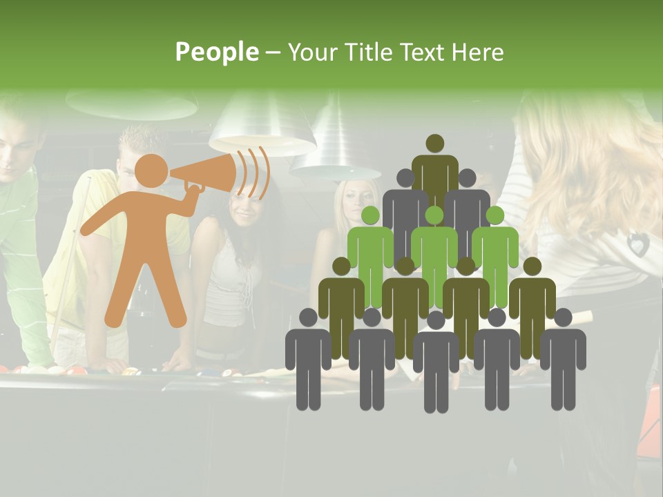 Large Group Of Teenagers Standing At Pool Table. Smiling And Looking At Right. One Person Is Playing Billard PowerPoint Template