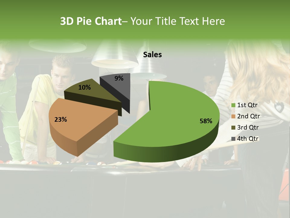 Large Group Of Teenagers Standing At Pool Table. Smiling And Looking At Right. One Person Is Playing Billard PowerPoint Template
