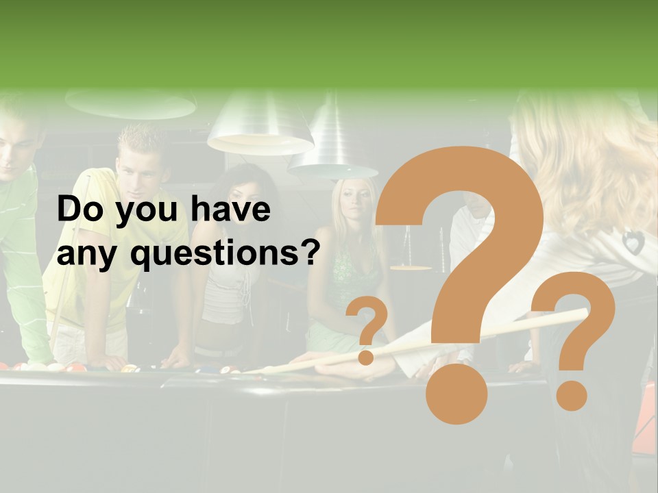 Large Group Of Teenagers Standing At Pool Table. Smiling And Looking At Right. One Person Is Playing Billard PowerPoint Template