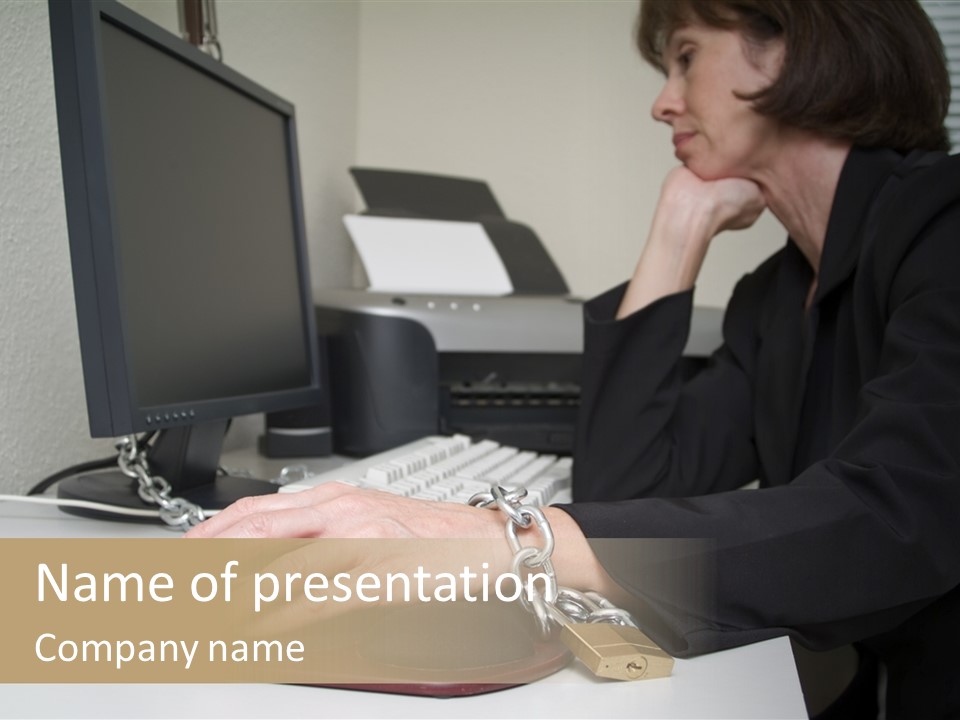 Woman Chained To Her Desk PowerPoint Template