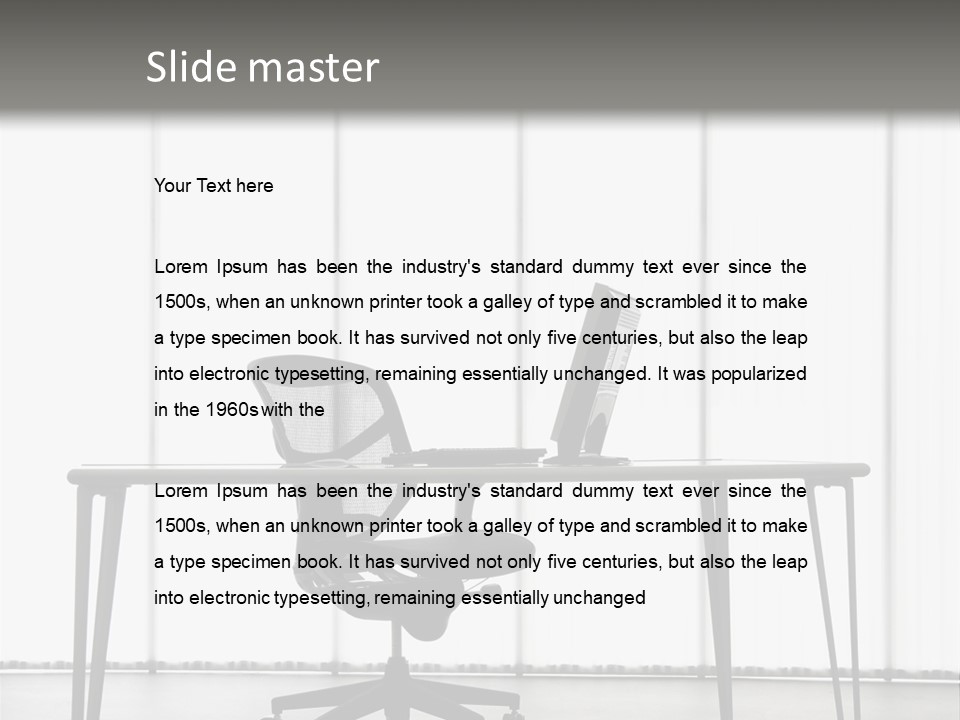 Still Life Shot Of Computer Monitor And Keyboard With Office Chair. PowerPoint Template