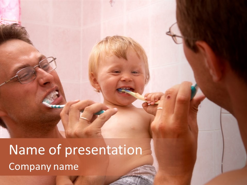 The Father Learns The Son To Clean Teeth PowerPoint Template