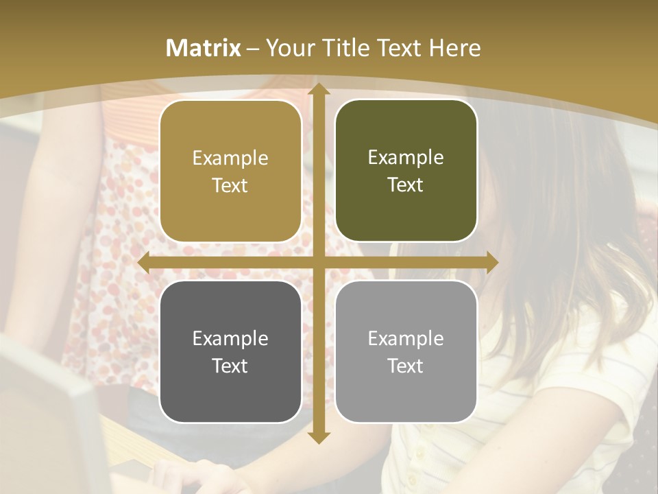 Two Cute School Girls Doing Research On-Line In The School Library. Focus On The Girl Sitting Down. PowerPoint Template