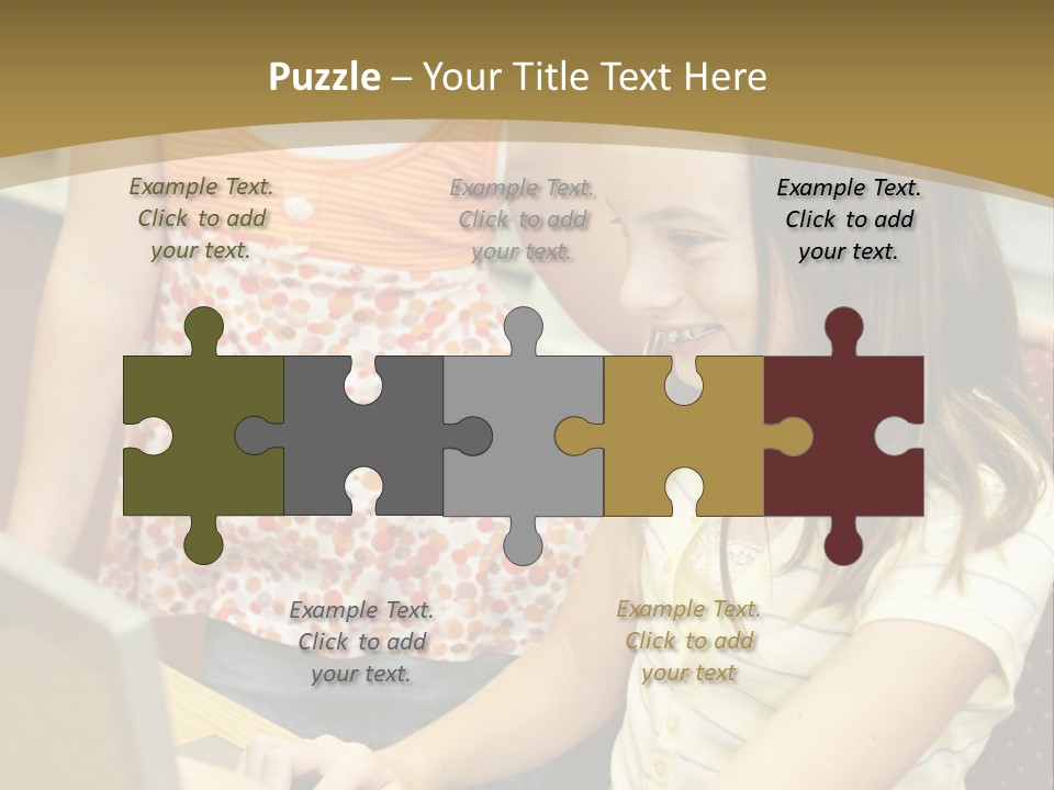 Two Cute School Girls Doing Research On-Line In The School Library. Focus On The Girl Sitting Down. PowerPoint Template