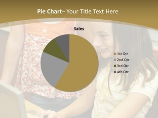 Two Cute School Girls Doing Research On-Line In The School Library. Focus On The Girl Sitting Down. PowerPoint Template