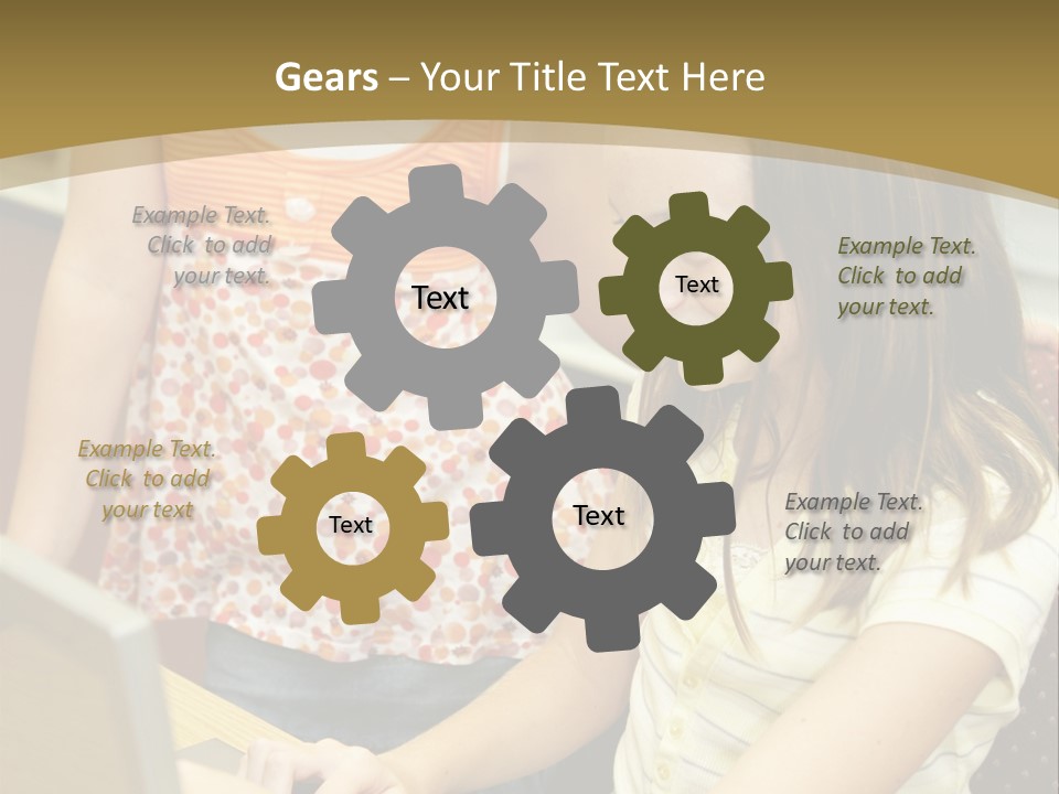 Two Cute School Girls Doing Research On-Line In The School Library. Focus On The Girl Sitting Down. PowerPoint Template