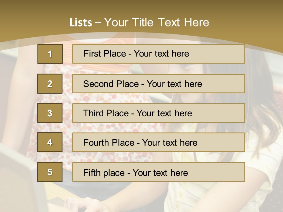 Two Cute School Girls Doing Research On-Line In The School Library. Focus On The Girl Sitting Down. PowerPoint Template