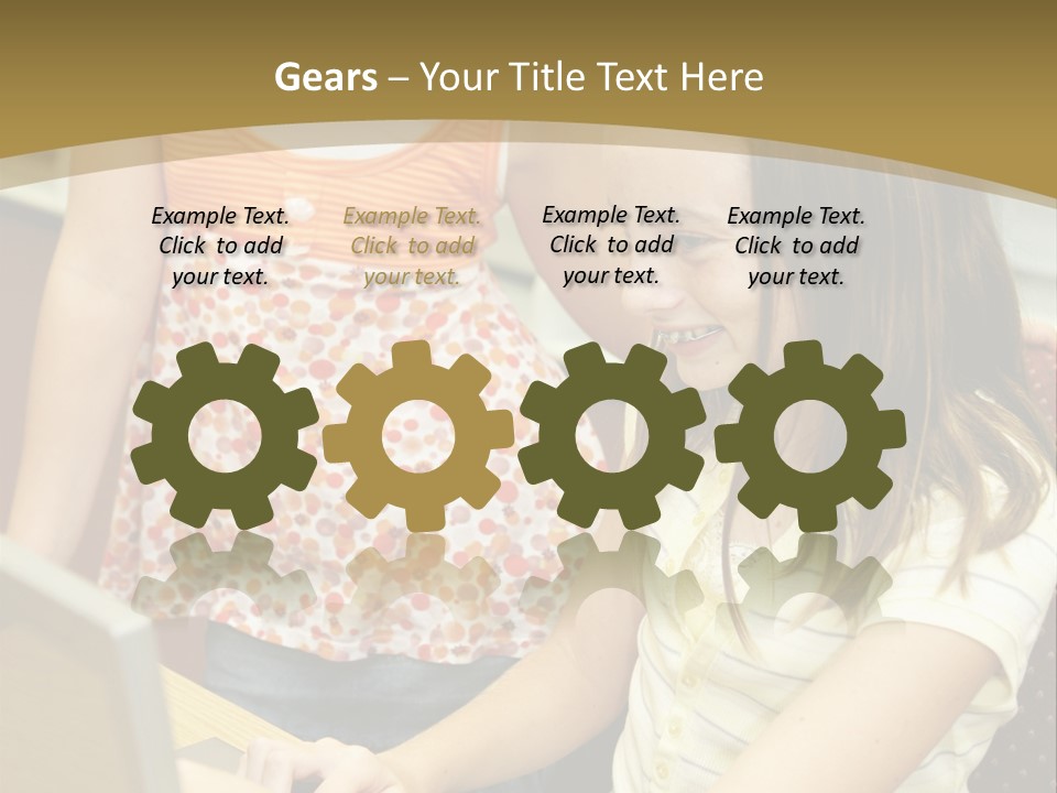 Two Cute School Girls Doing Research On-Line In The School Library. Focus On The Girl Sitting Down. PowerPoint Template