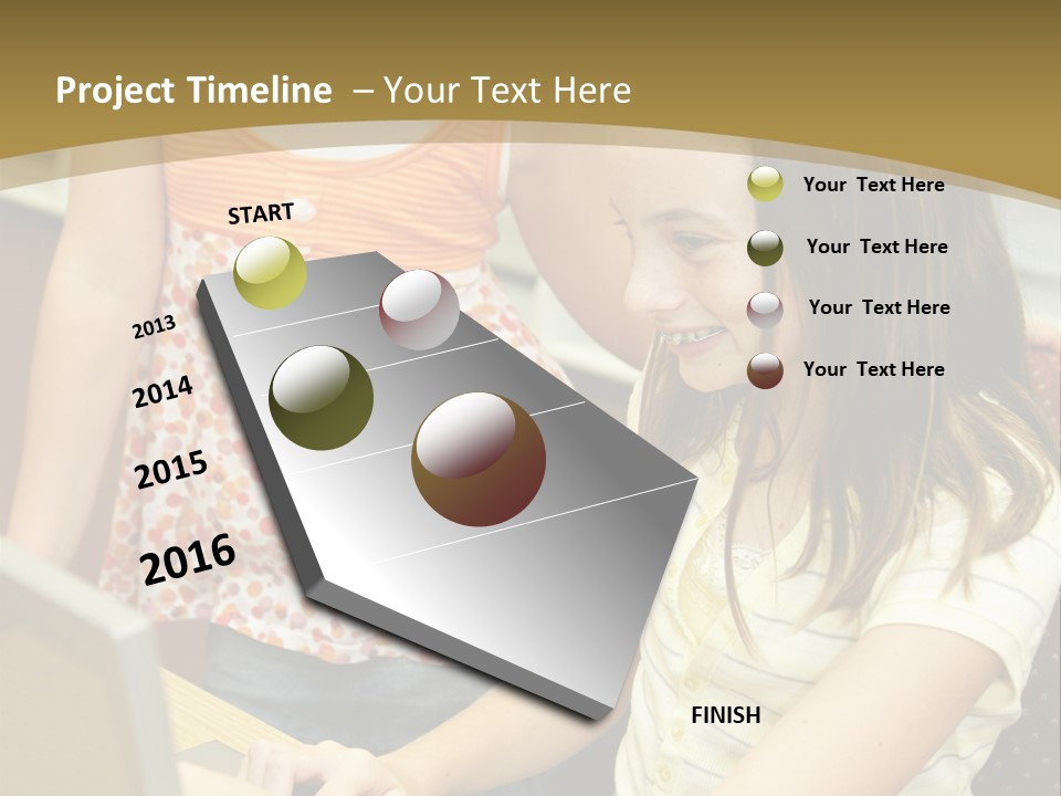 Two Cute School Girls Doing Research On-Line In The School Library. Focus On The Girl Sitting Down. PowerPoint Template