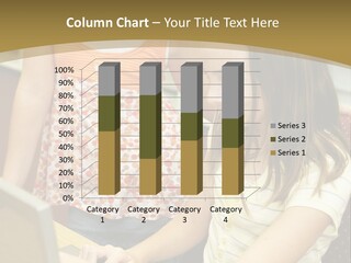 Two Cute School Girls Doing Research On-Line In The School Library. Focus On The Girl Sitting Down. PowerPoint Template