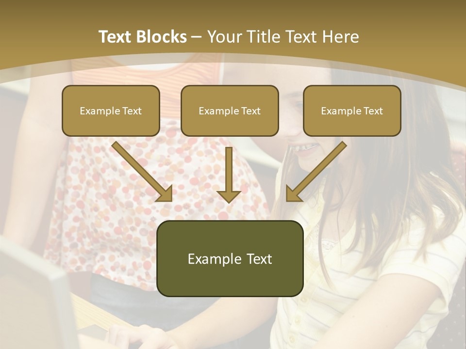 Two Cute School Girls Doing Research On-Line In The School Library. Focus On The Girl Sitting Down. PowerPoint Template