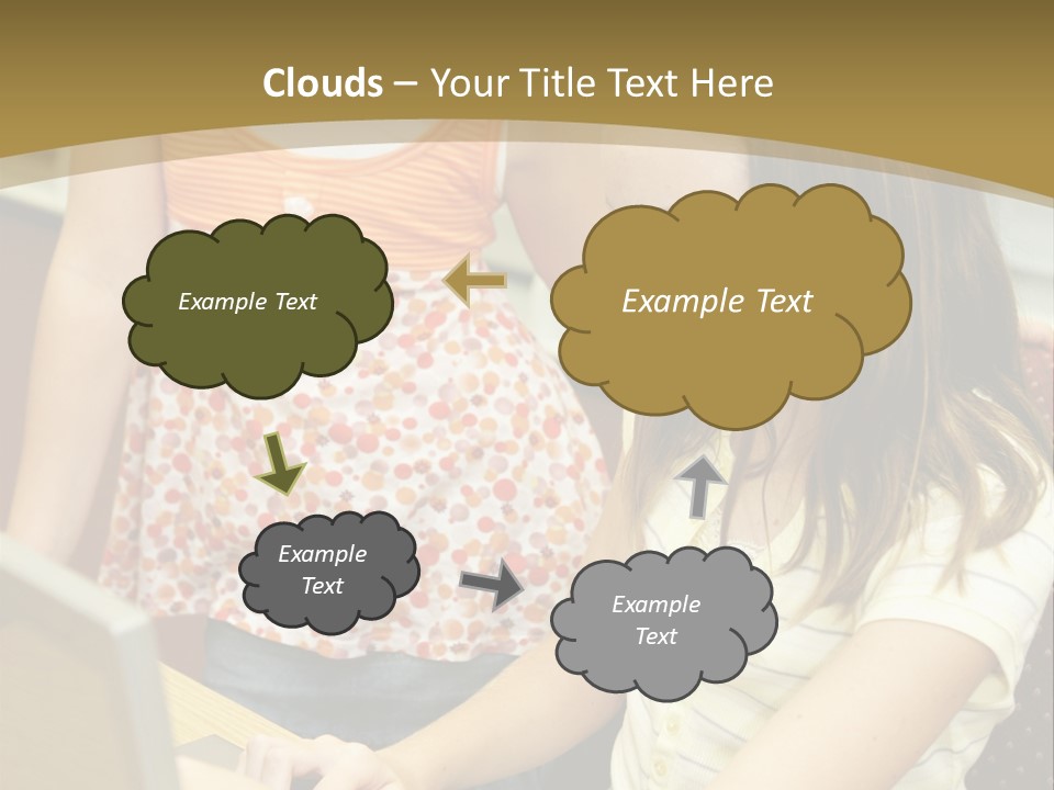 Two Cute School Girls Doing Research On-Line In The School Library. Focus On The Girl Sitting Down. PowerPoint Template