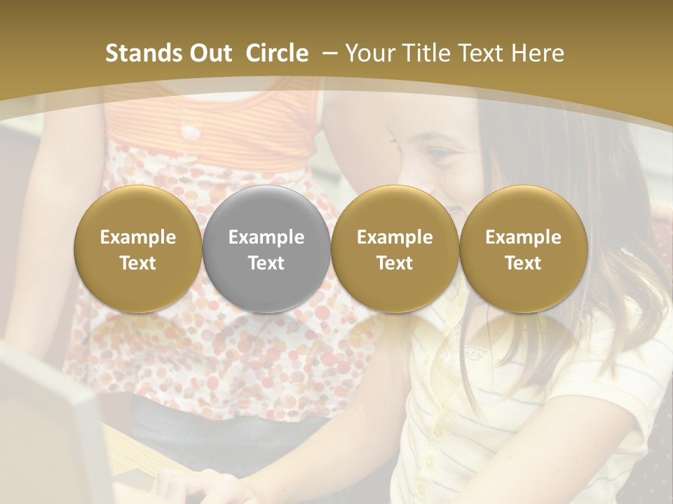 Two Cute School Girls Doing Research On-Line In The School Library. Focus On The Girl Sitting Down. PowerPoint Template