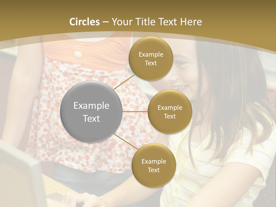 Two Cute School Girls Doing Research On-Line In The School Library. Focus On The Girl Sitting Down. PowerPoint Template