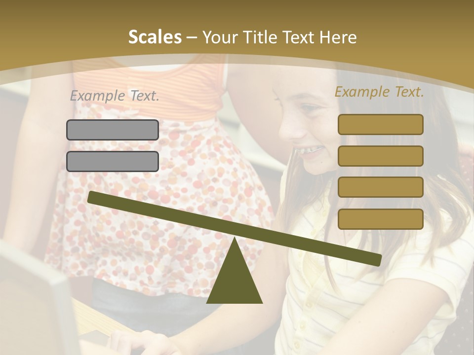 Two Cute School Girls Doing Research On-Line In The School Library. Focus On The Girl Sitting Down. PowerPoint Template