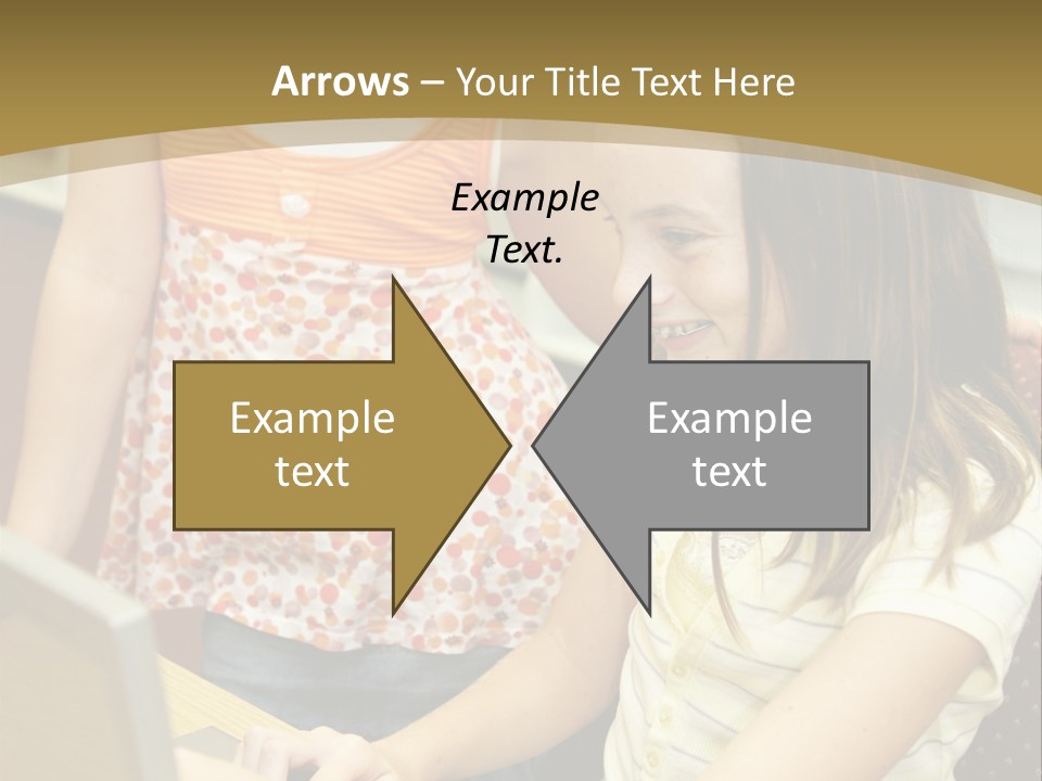Two Cute School Girls Doing Research On-Line In The School Library. Focus On The Girl Sitting Down. PowerPoint Template