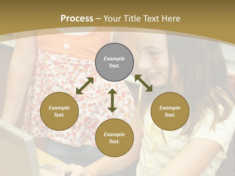 Two Cute School Girls Doing Research On-Line In The School Library. Focus On The Girl Sitting Down. PowerPoint Template