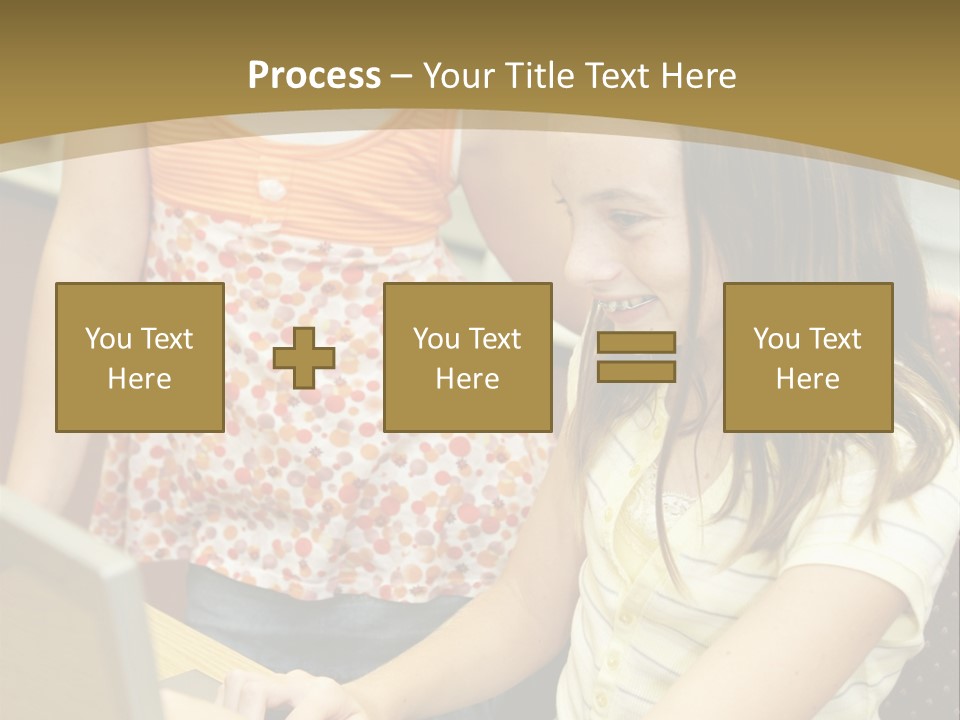 Two Cute School Girls Doing Research On-Line In The School Library. Focus On The Girl Sitting Down. PowerPoint Template