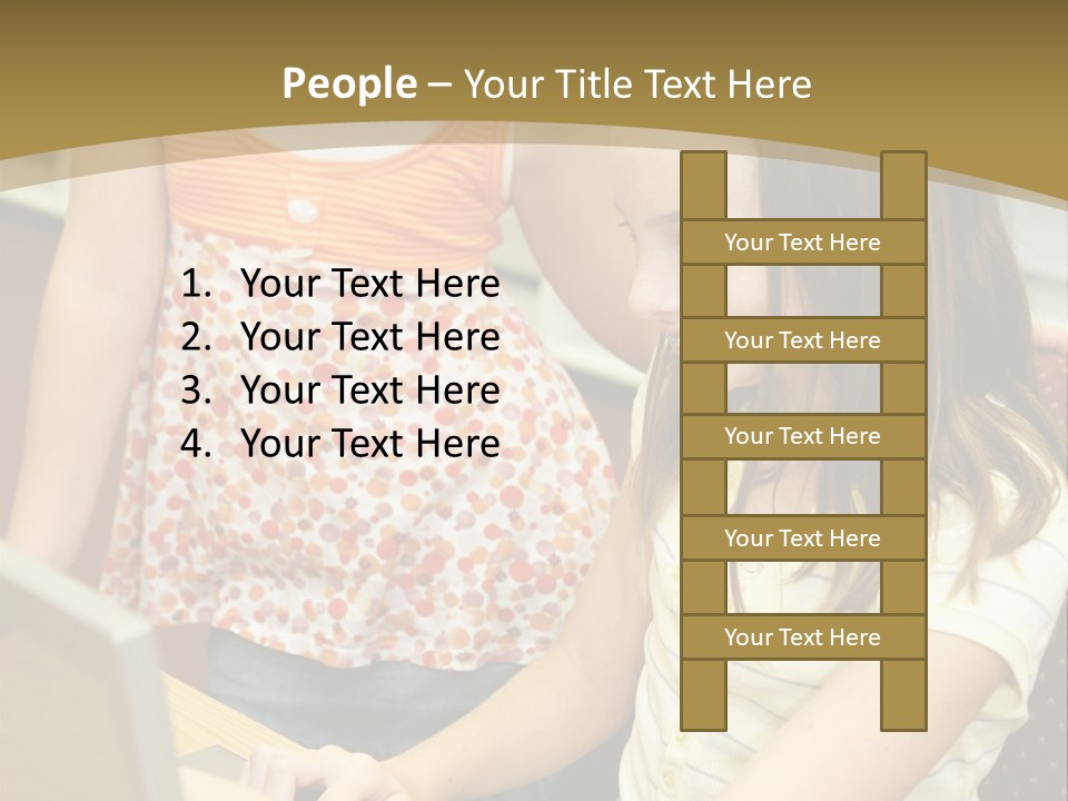 Two Cute School Girls Doing Research On-Line In The School Library. Focus On The Girl Sitting Down. PowerPoint Template