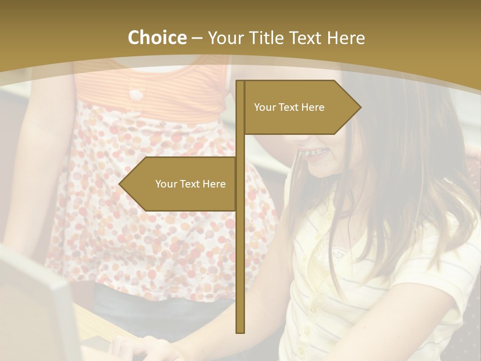 Two Cute School Girls Doing Research On-Line In The School Library. Focus On The Girl Sitting Down. PowerPoint Template