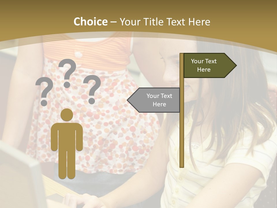 Two Cute School Girls Doing Research On-Line In The School Library. Focus On The Girl Sitting Down. PowerPoint Template