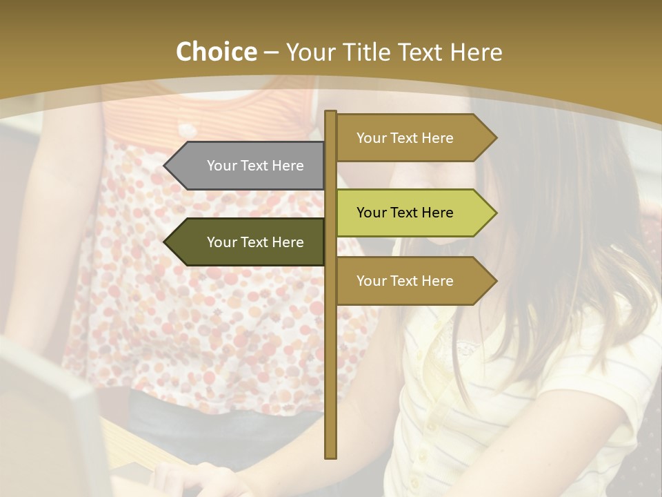 Two Cute School Girls Doing Research On-Line In The School Library. Focus On The Girl Sitting Down. PowerPoint Template