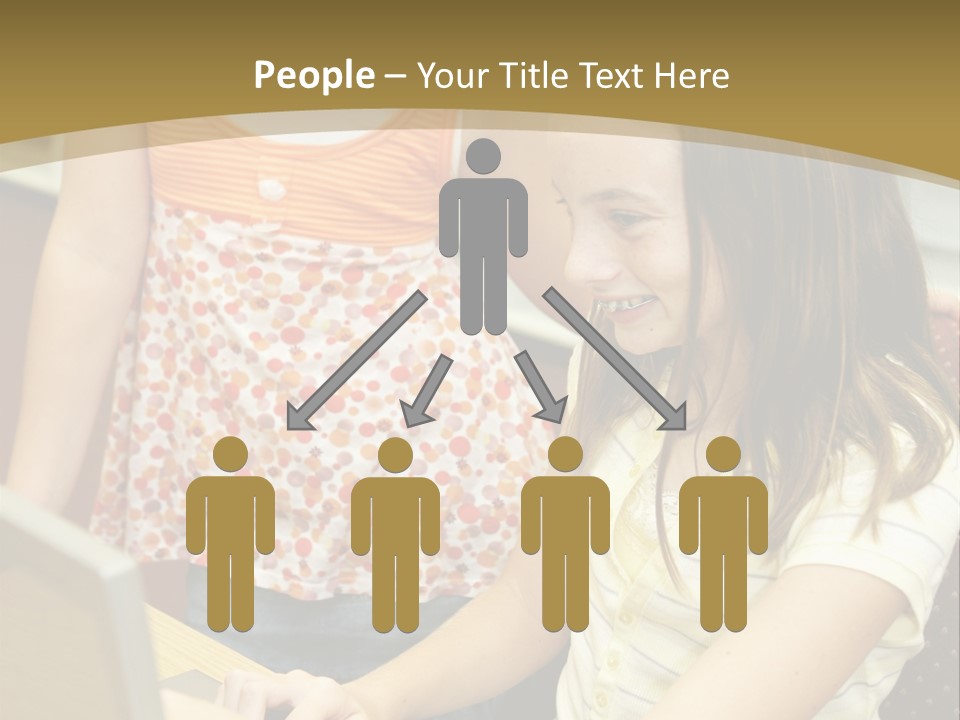 Two Cute School Girls Doing Research On-Line In The School Library. Focus On The Girl Sitting Down. PowerPoint Template