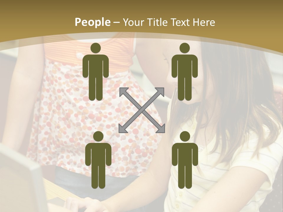 Two Cute School Girls Doing Research On-Line In The School Library. Focus On The Girl Sitting Down. PowerPoint Template