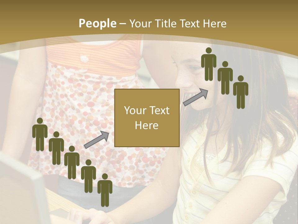 Two Cute School Girls Doing Research On-Line In The School Library. Focus On The Girl Sitting Down. PowerPoint Template