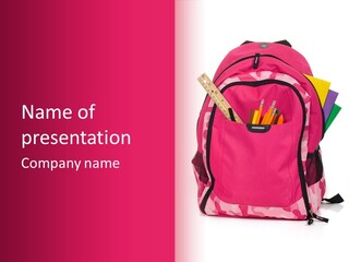 Pink Backpack With School Supplies On White Background With Folders, Pens, A Ruler And Glue PowerPoint Template