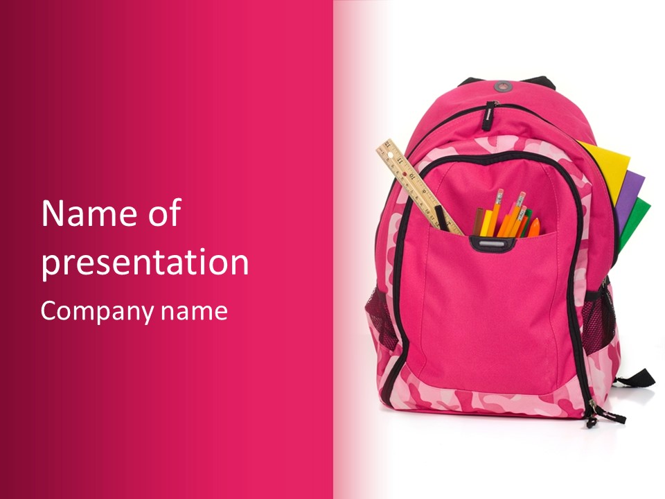 Pink Backpack With School Supplies On White Background With Folders, Pens, A Ruler And Glue PowerPoint Template