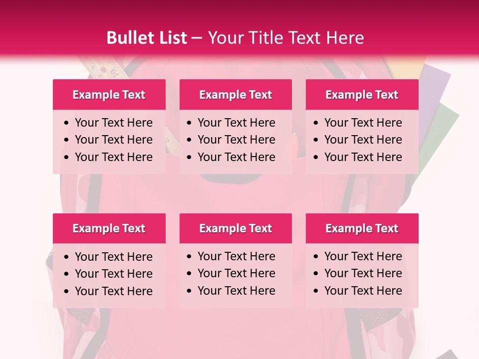 Pink Backpack With School Supplies On White Background With Folders, Pens, A Ruler And Glue PowerPoint Template