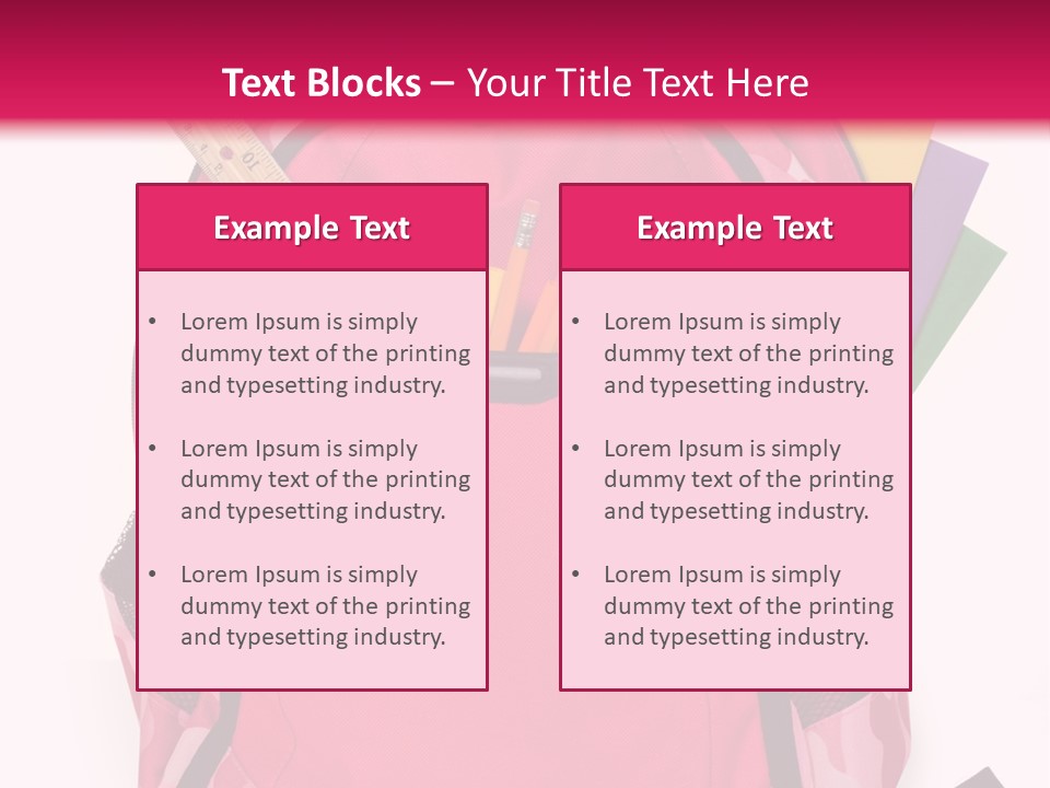 Pink Backpack With School Supplies On White Background With Folders, Pens, A Ruler And Glue PowerPoint Template