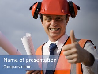 Engineer Looking Happy, With A Beautiful Blue Sky Behind Him, Wearing A Red Safety Helmet, Wearing An Orange High Visibility Vest And Carrying The Blueprints Afar Being Successful PowerPoint Template