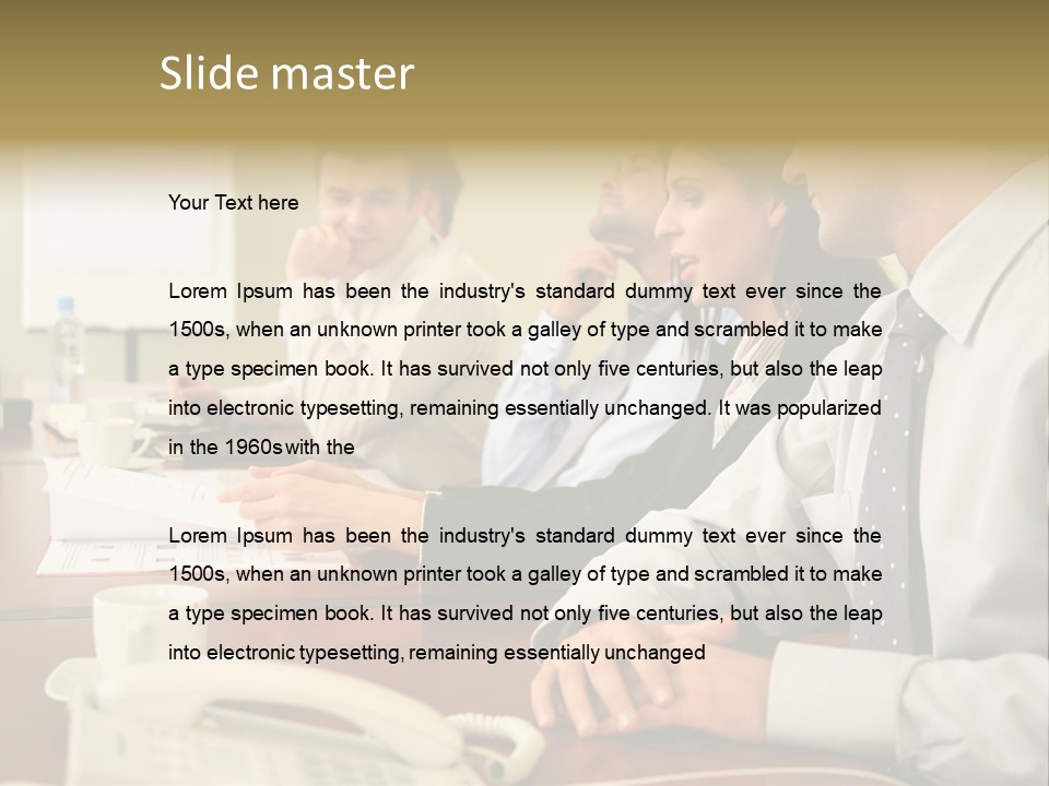 Group Of Business People Working Together At The Informal Meeting, Focus On Man In Foreground. PowerPoint Template