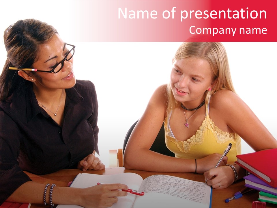 August Means Back To School, Teacher And Student Share Some One On One Instruction Time In A Classroom Environment Isolated Over White. PowerPoint Template