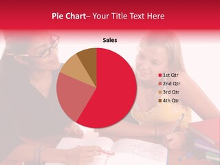 August Means Back To School, Teacher And Student Share Some One On One Instruction Time In A Classroom Environment Isolated Over White. PowerPoint Template