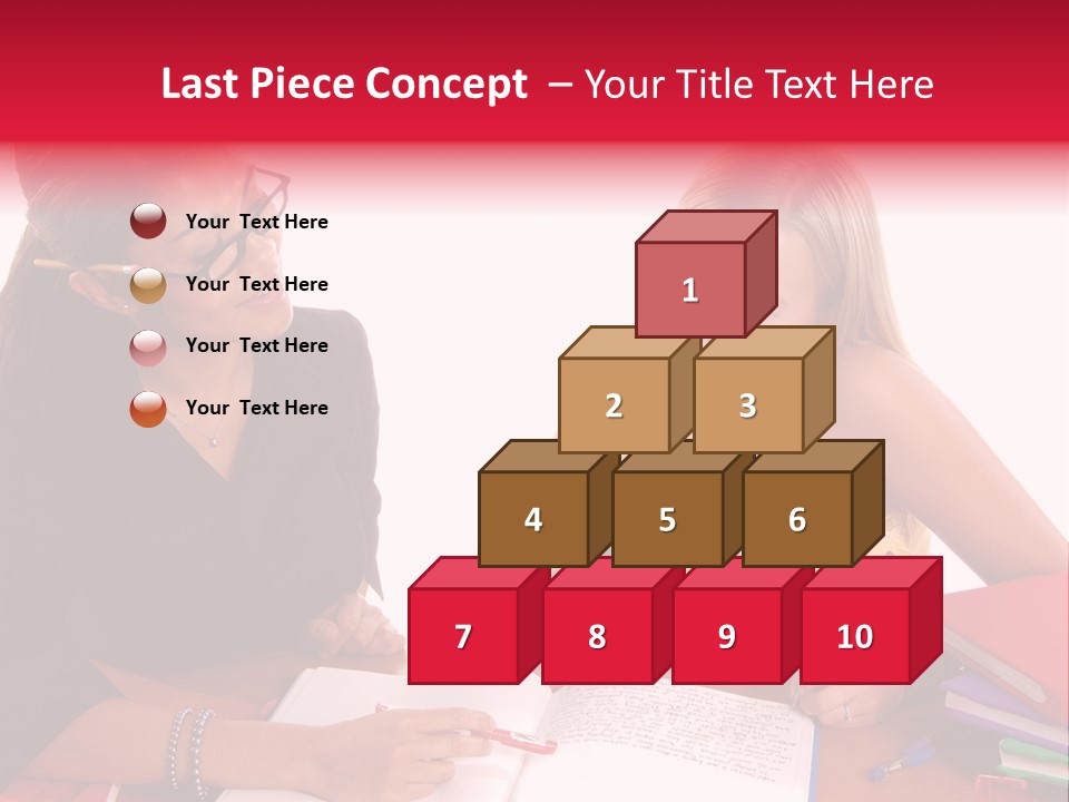 August Means Back To School, Teacher And Student Share Some One On One Instruction Time In A Classroom Environment Isolated Over White. PowerPoint Template
