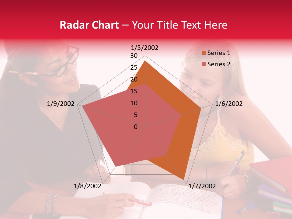 August Means Back To School, Teacher And Student Share Some One On One Instruction Time In A Classroom Environment Isolated Over White. PowerPoint Template