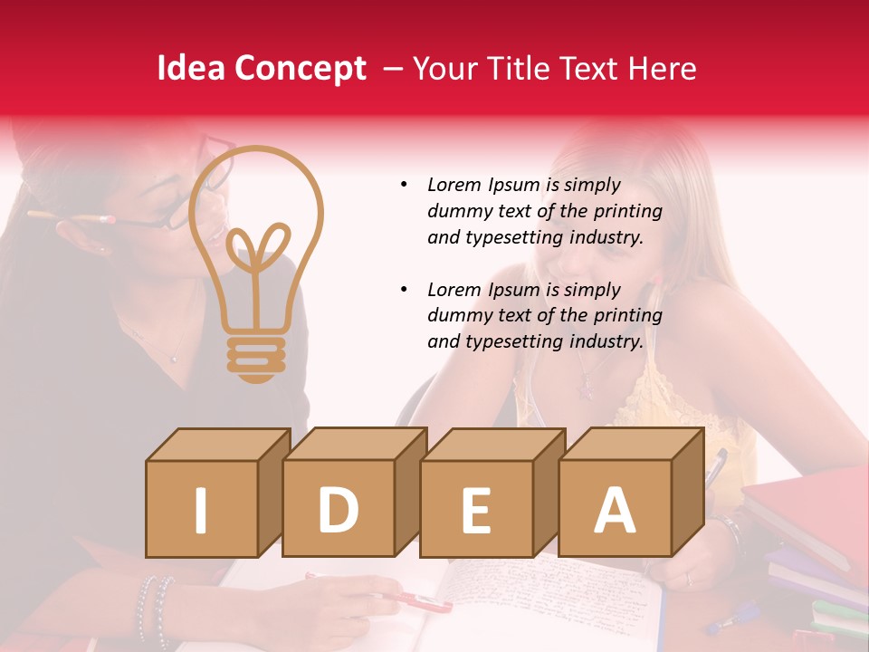 August Means Back To School, Teacher And Student Share Some One On One Instruction Time In A Classroom Environment Isolated Over White. PowerPoint Template